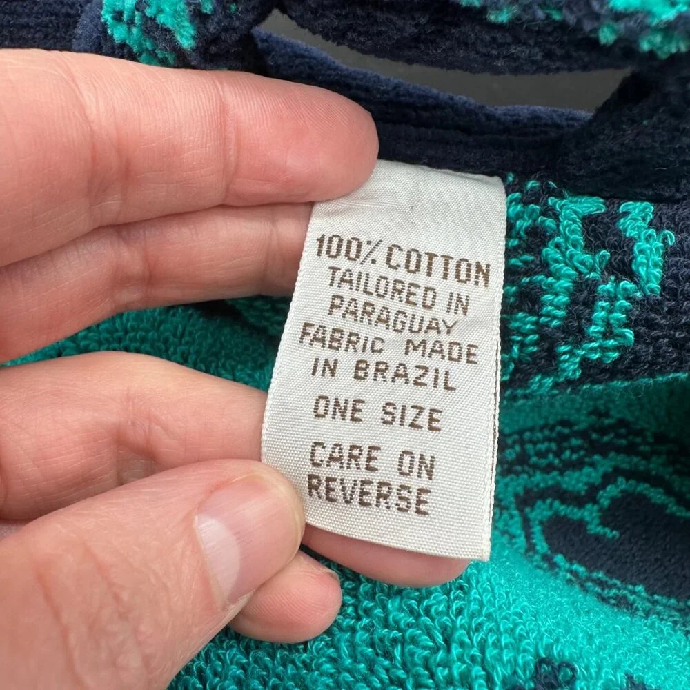 Vintage Terrycloth Robe Bill Blass Cotton Bathrobe One Size Navy Teal Paisley - Picture 5 of 7